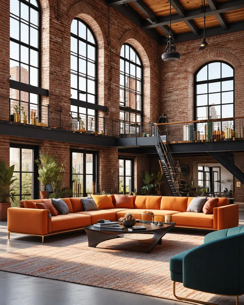 Loft con arcos y detalles naranjas