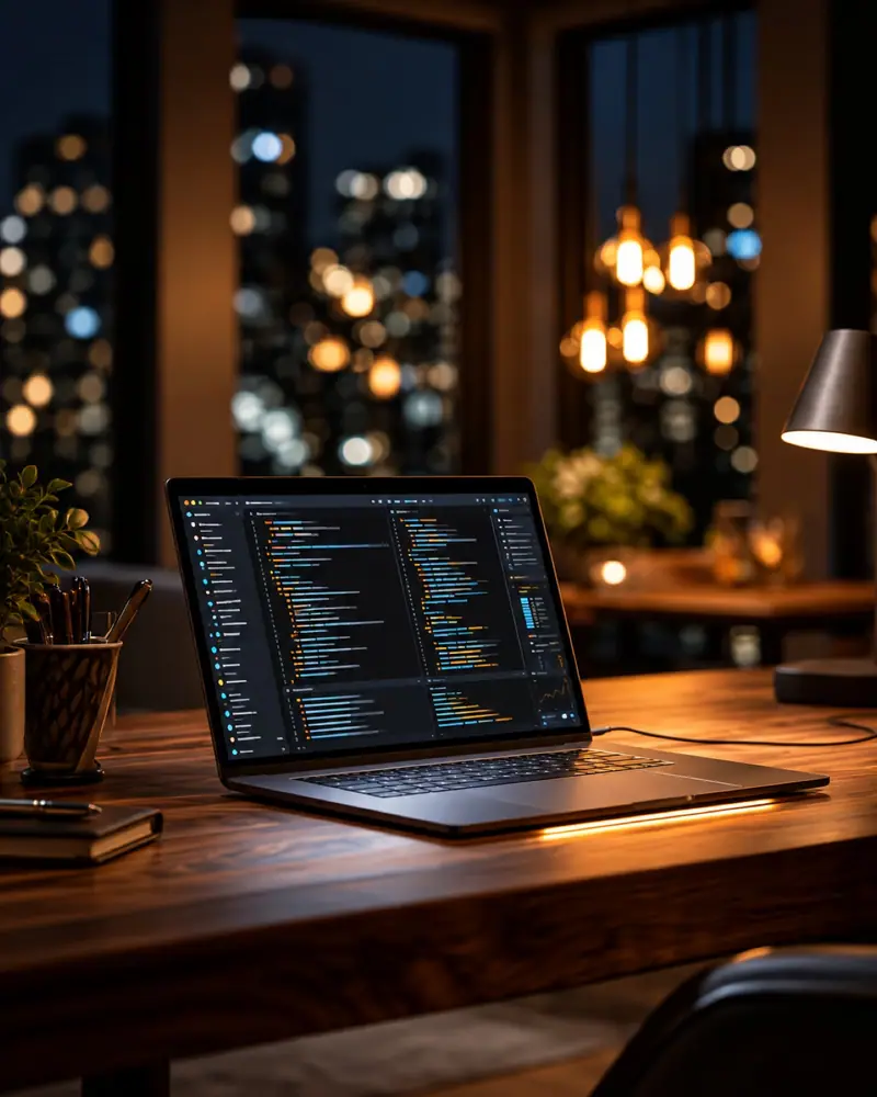 Computadora encendida de noche sobre un escritorio