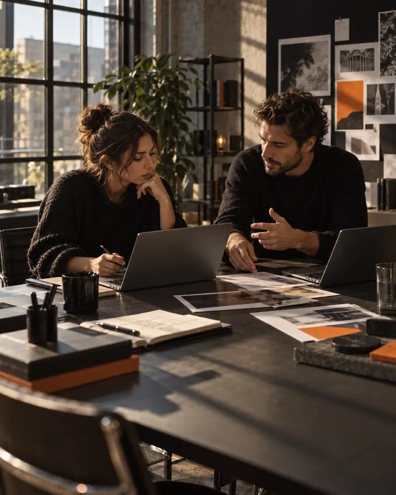Equipo trabajando junto en una mesa con computadoras