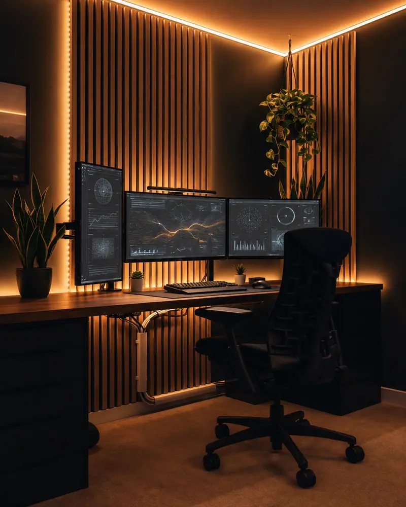 Espacio de trabajo con madera y luz cálida