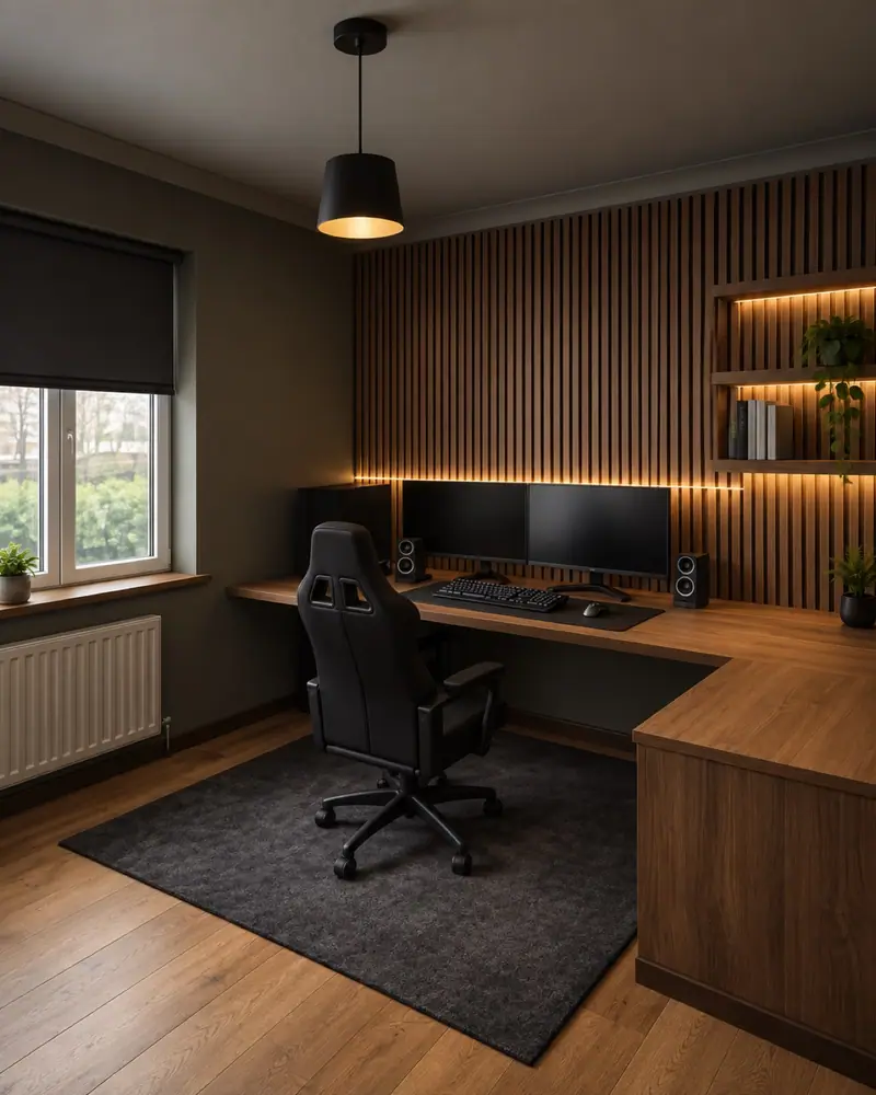 Estudio de trabajo minimalista con muebles de madera