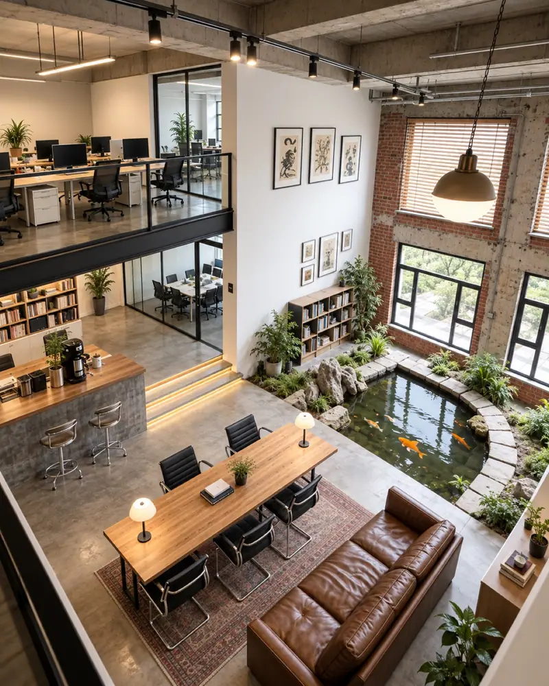 Estudio de estilo industrial con un atrio iluminado