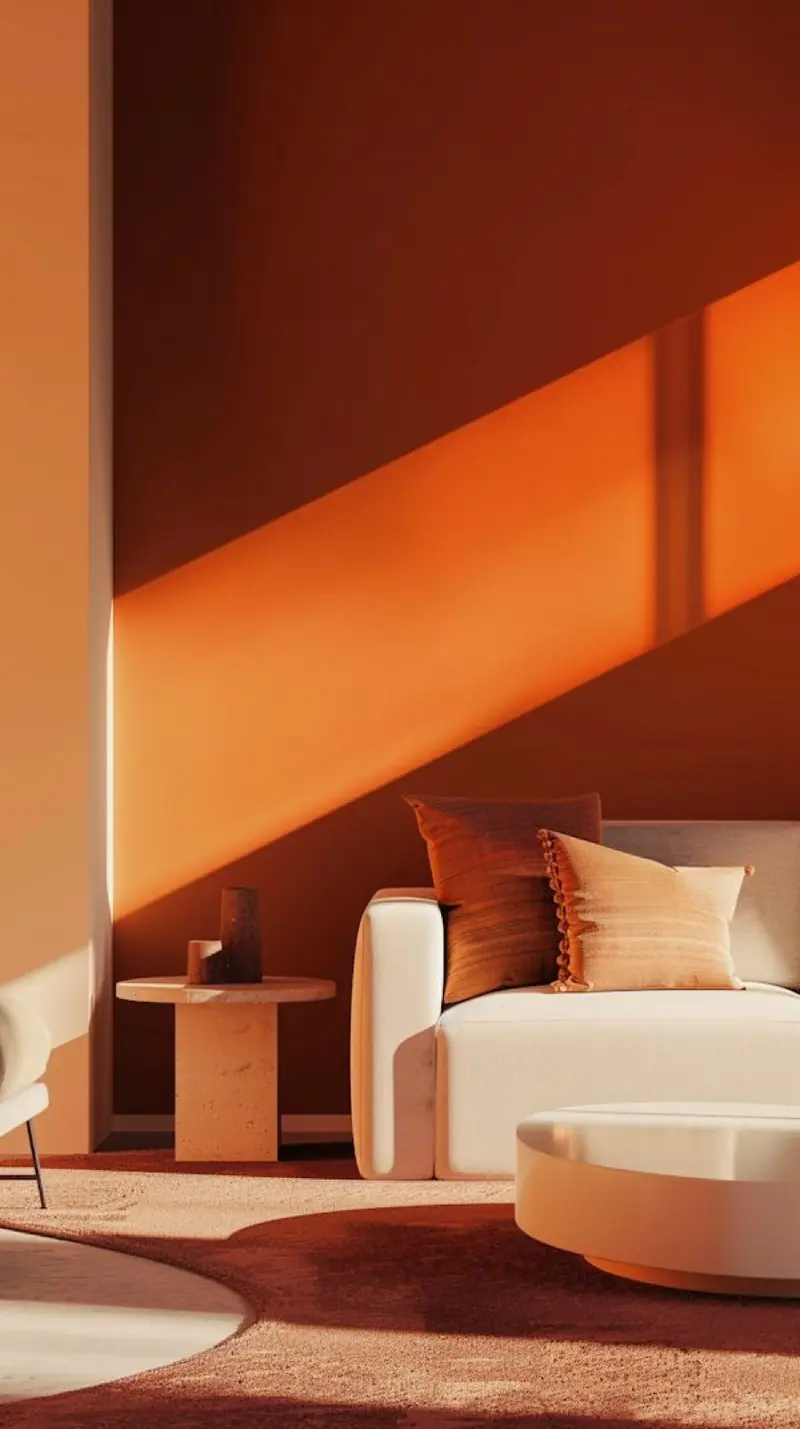 Living con pared naranja y sombras de la tarde